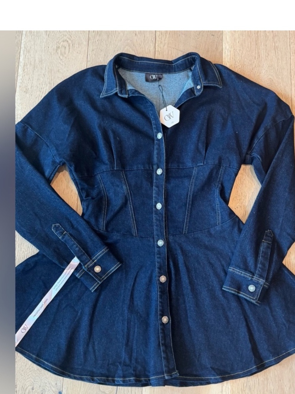 OW Collection Ella Denim Shirt Dress in Dark Wash in Size Small - Picture 11 of 13